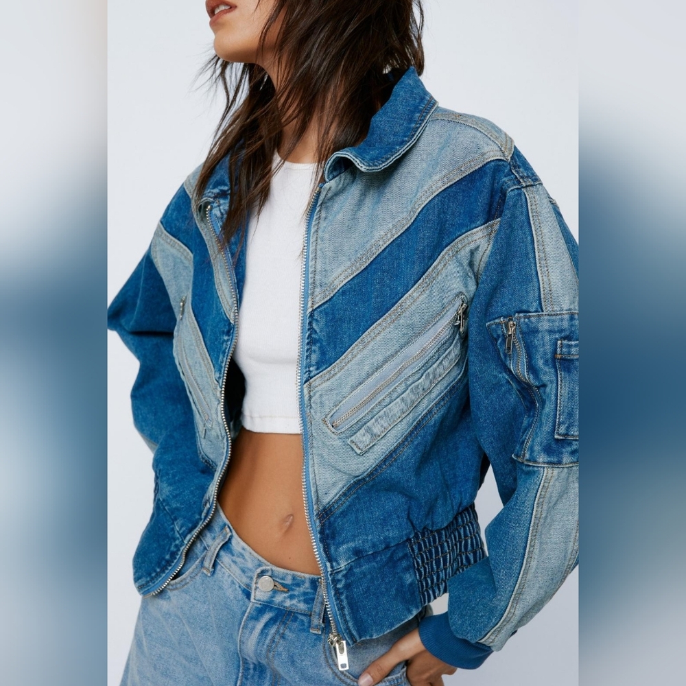 Nasty Gal Denim Bomber Jacket, Sz Medium - Picture 2 of 8
